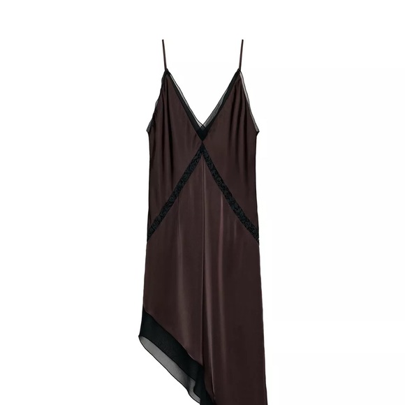 Zara Dresses & Skirts - Zara Chocolate Brown Satin Asymmetrical Slip Dress with Black Trim
